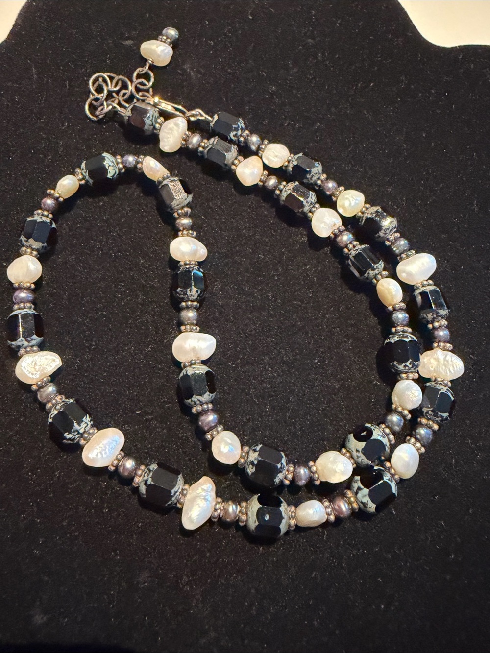 Black Cut Glass and White Pearl Beaded Necklace Sterling Silver